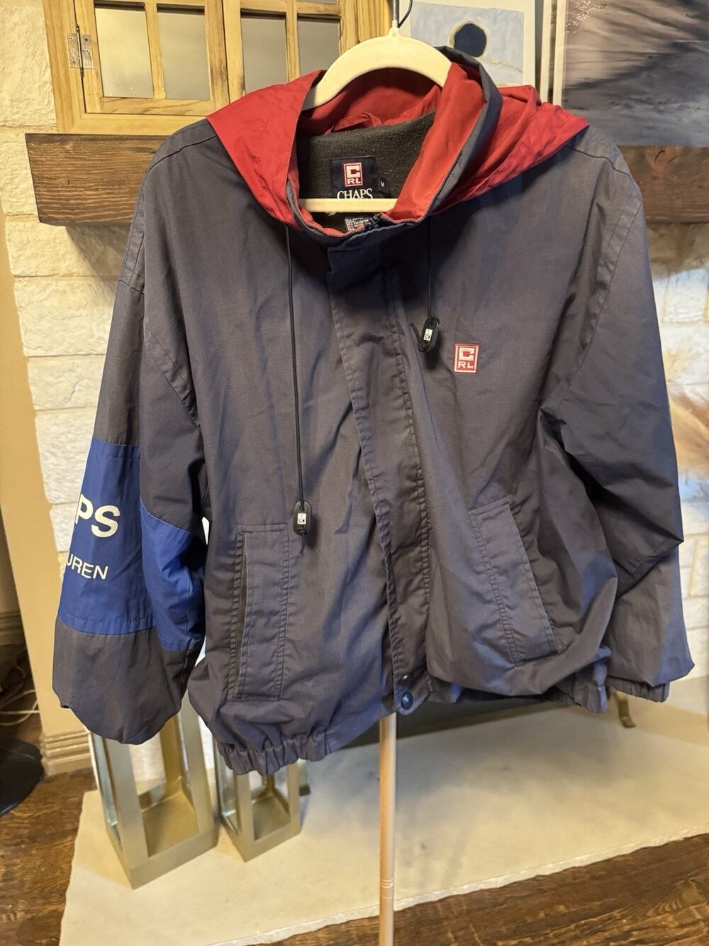 Chaps Ralph Lauren Navy Red Windbreaker Jacket Men's Size M Logo Zip Drawstring
